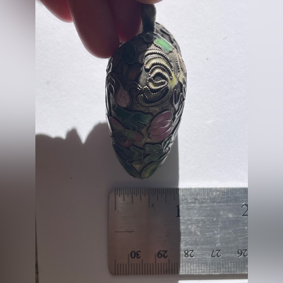 Puffy heart pendant necklace large colorful mosaic floral silver cloisonné - Picture 7 of 11